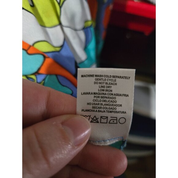 Ninety Womens Multicolor Floral Blouse Size Small Keyhole Boho Flowy Bright Neon - Picture 5 of 8